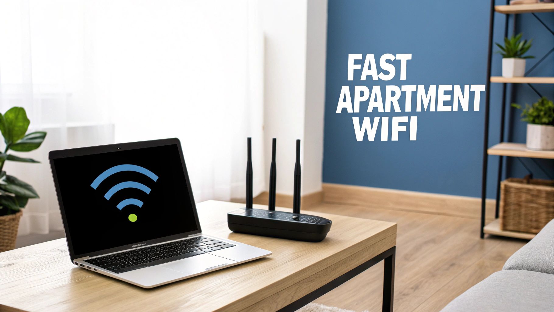 A person sitting on a couch in a modern apartment, looking at internet provider options on a laptop.