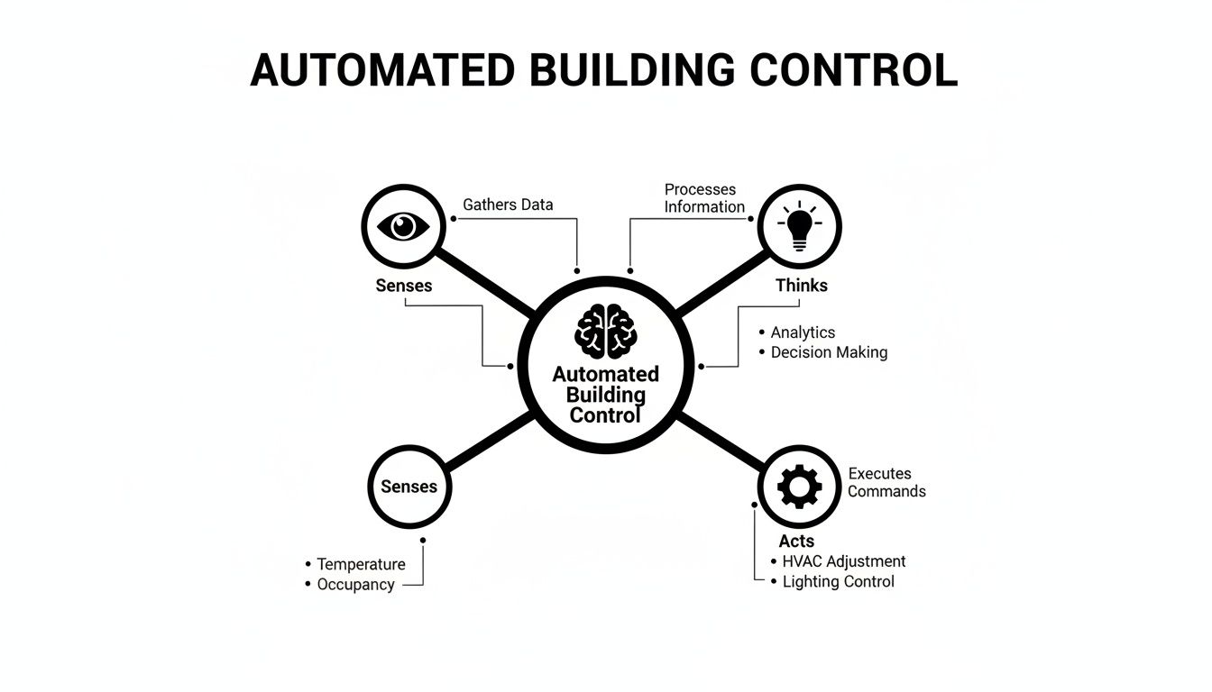 Diagram illustrating the automated building control process, including sensing data, thinking, and acting on commands.