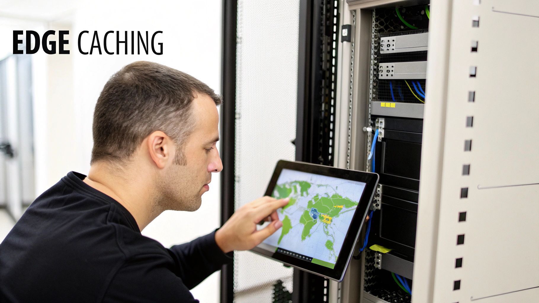 IT professional monitoring global network connectivity and edge caching infrastructure on tablet device