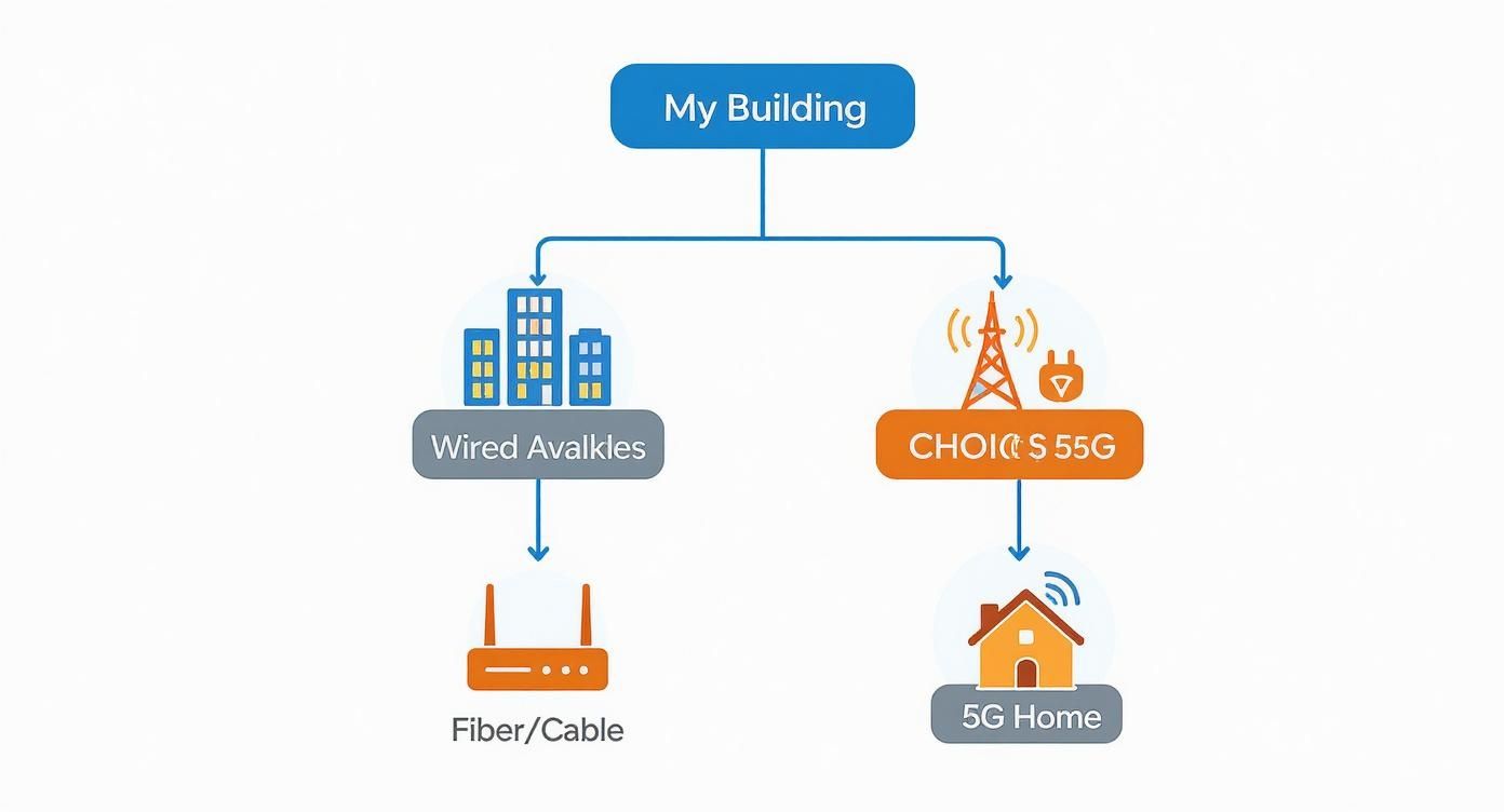 Infographic decision tree showing how to choose between wired and wireless internet options for an apartment.