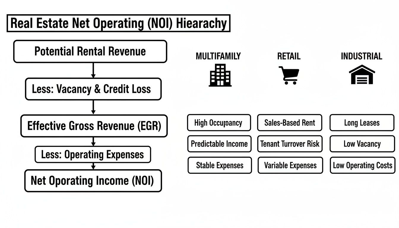 Flowchart showing Real Estate Net Operating Income (NOI) hierarchy and comparison of multifamily, retail, and industrial property characteristics.