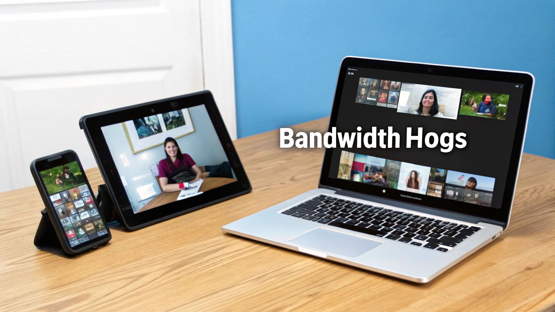 A person's cluttered desk with multiple devices and monitors, subtly hinting at hidden bandwidth drains.