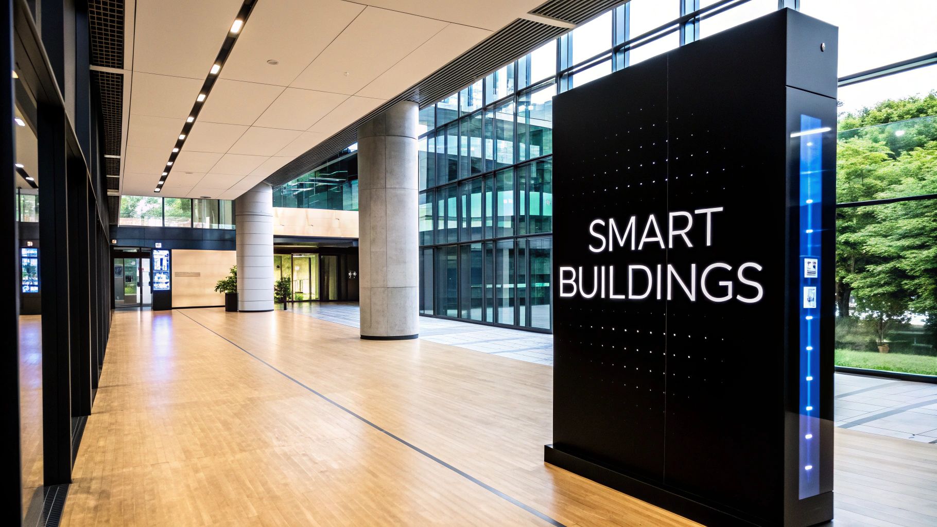 A modern, glass-paneled smart building with sleek architectural design, reflecting the sky and surrounding cityscape.