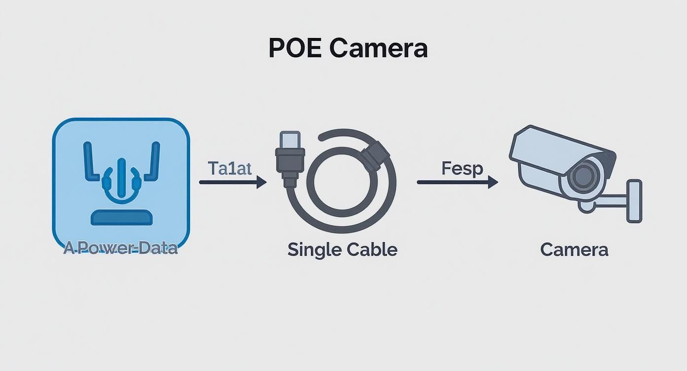 Diagram showing POE camera system with power and data transmitted through single ethernet cable