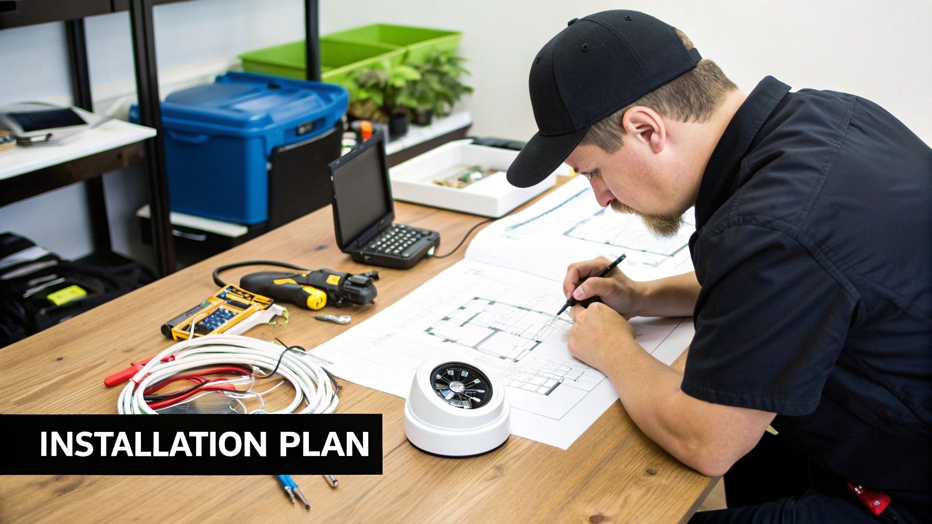 A man in a black cap draws an installation plan for a security camera system.