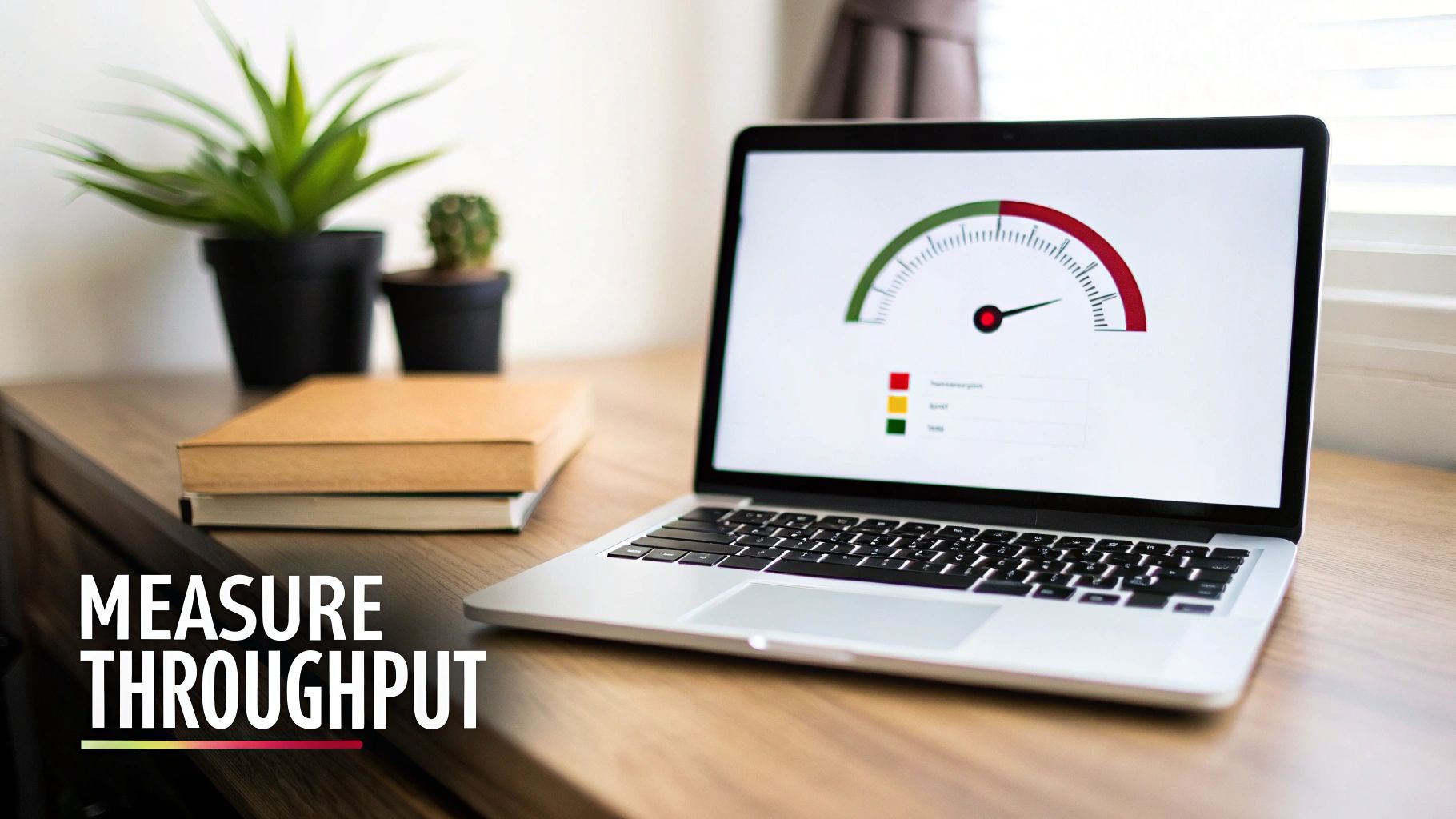 A person using a laptop with a speed test on the screen, illustrating network throughput measurement.