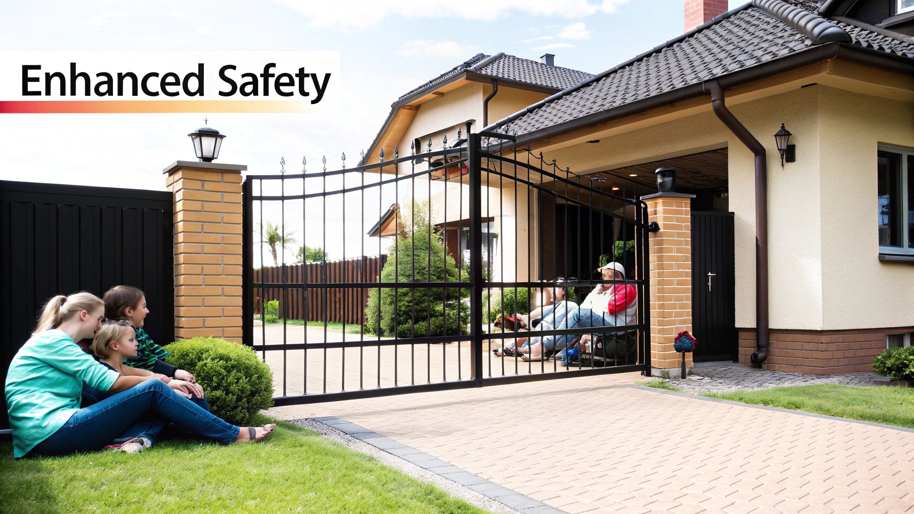 A modern home with a secure gate access system at the driveway entrance