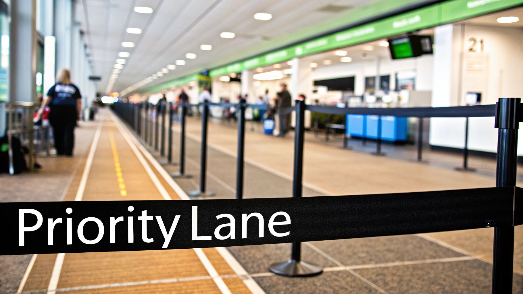 A black 'Priority Lane' sign clearly visible in an airport check-in area with blurred people.