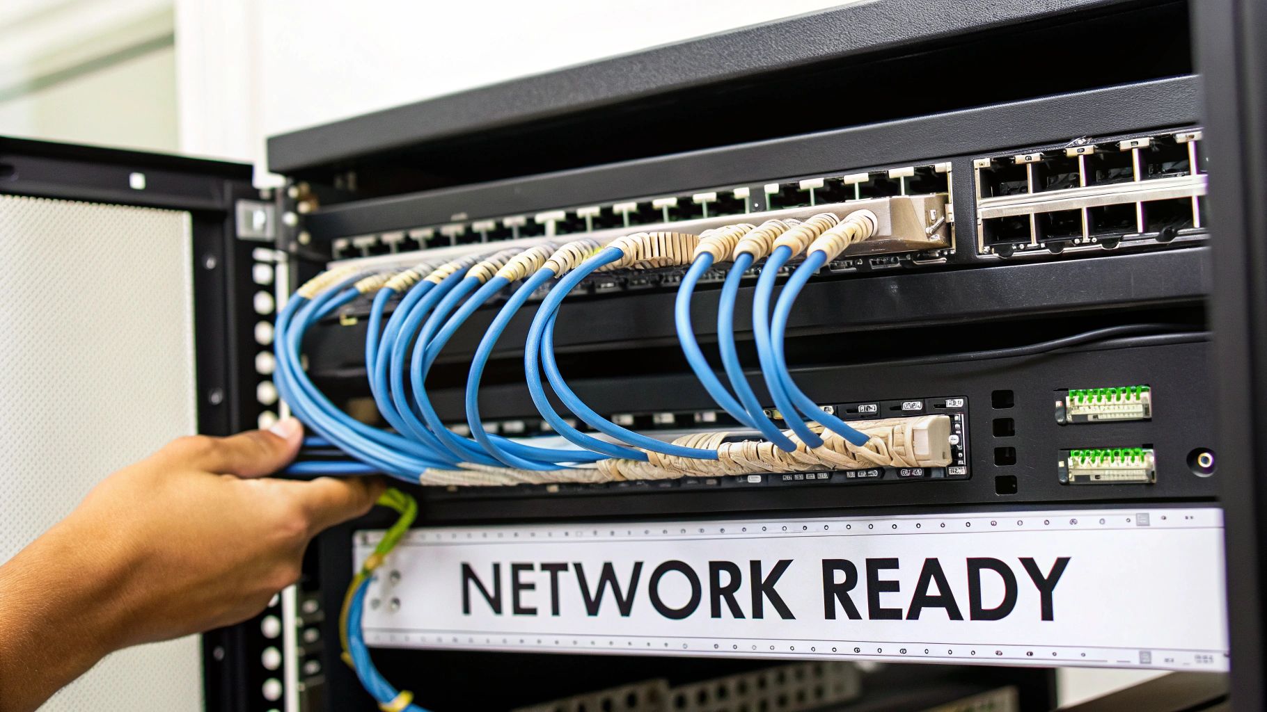A hand connects blue network cables into a server rack, with a 'NETWORK READY' sign visible.