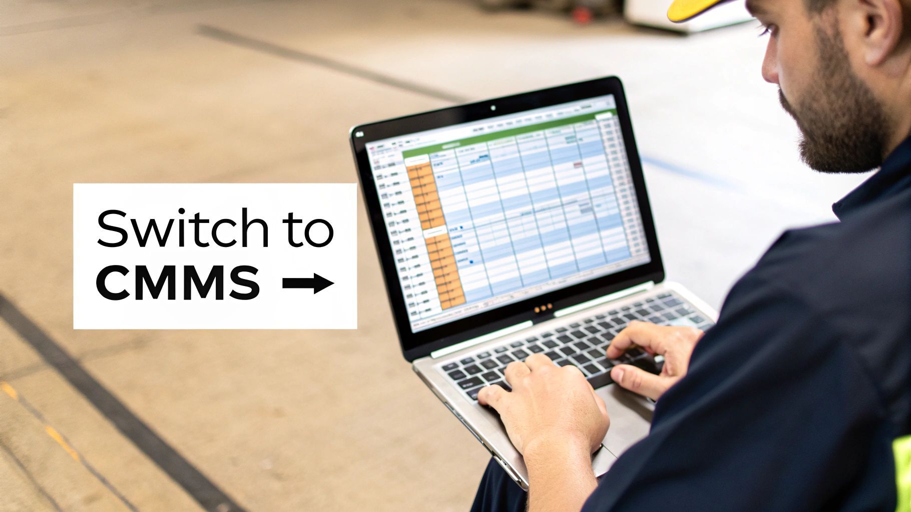 A maintenance manager looking at a tablet showing a CMMS dashboard, with a spreadsheet visible on a monitor in the background.