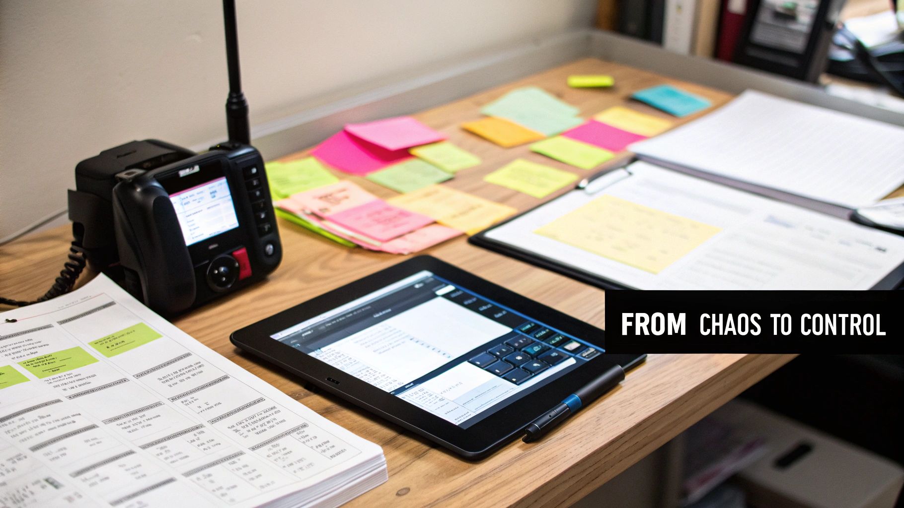 A technician using a work order app on a tablet in a modern facility.
