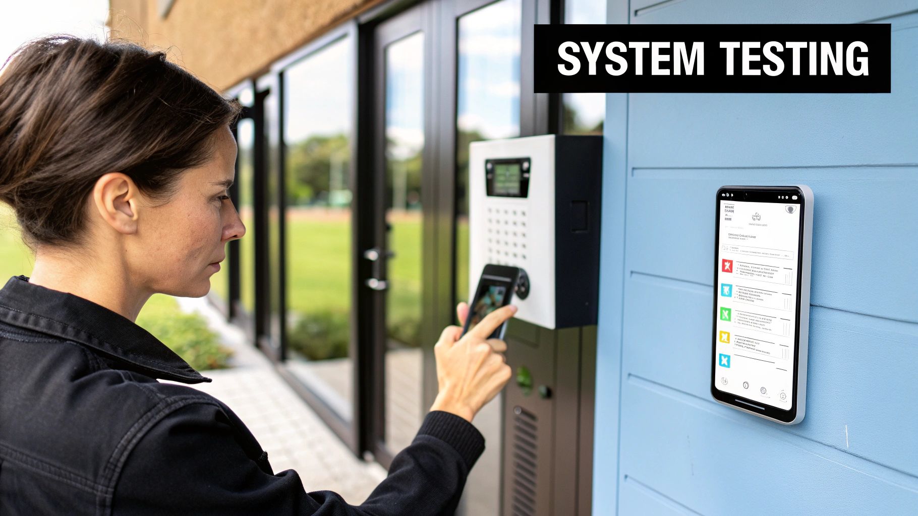 A person's hand pressing a button on a modern intercom system.