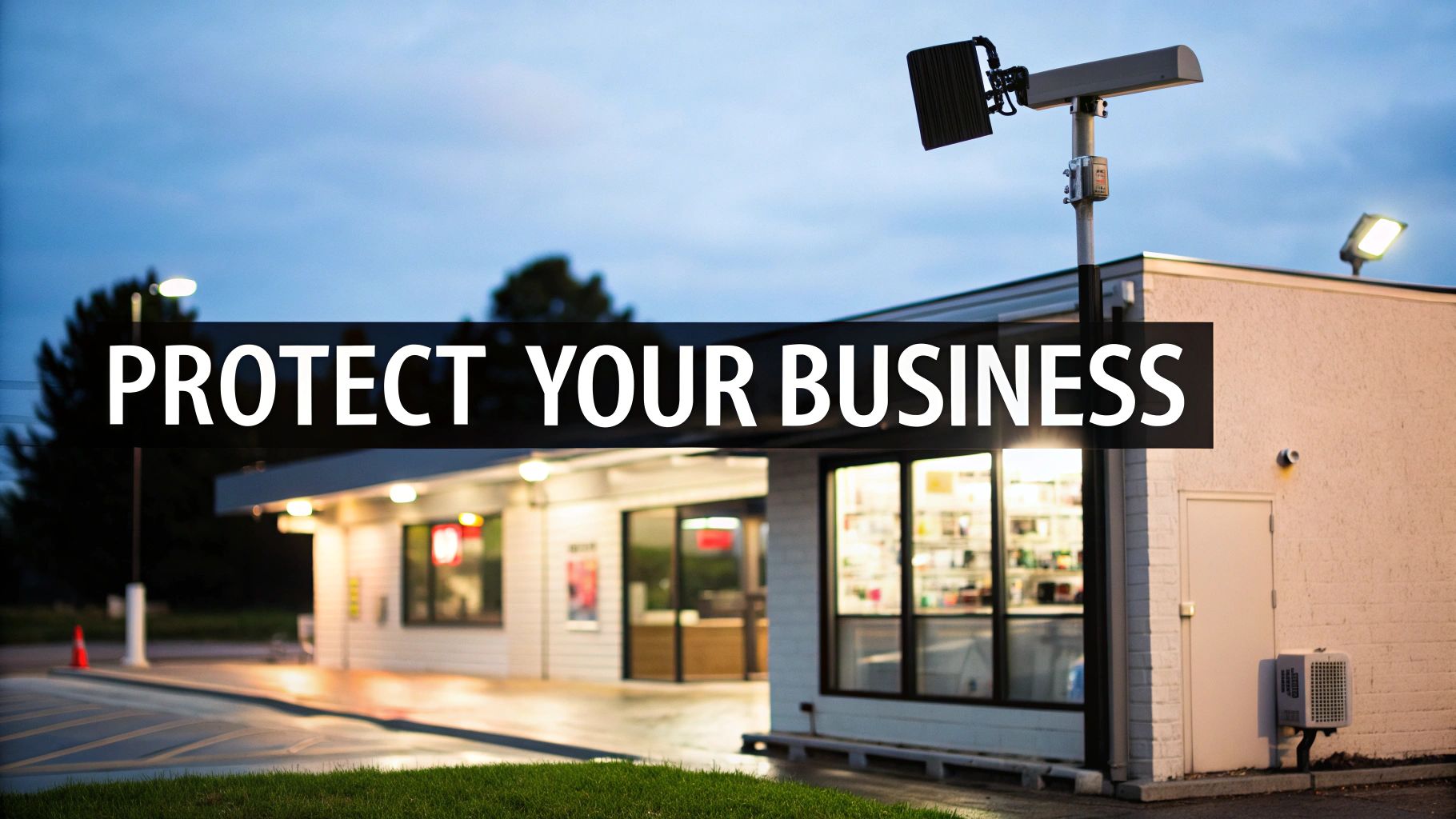 A modern security camera mounted on a sleek office building, overlooking the entrance.