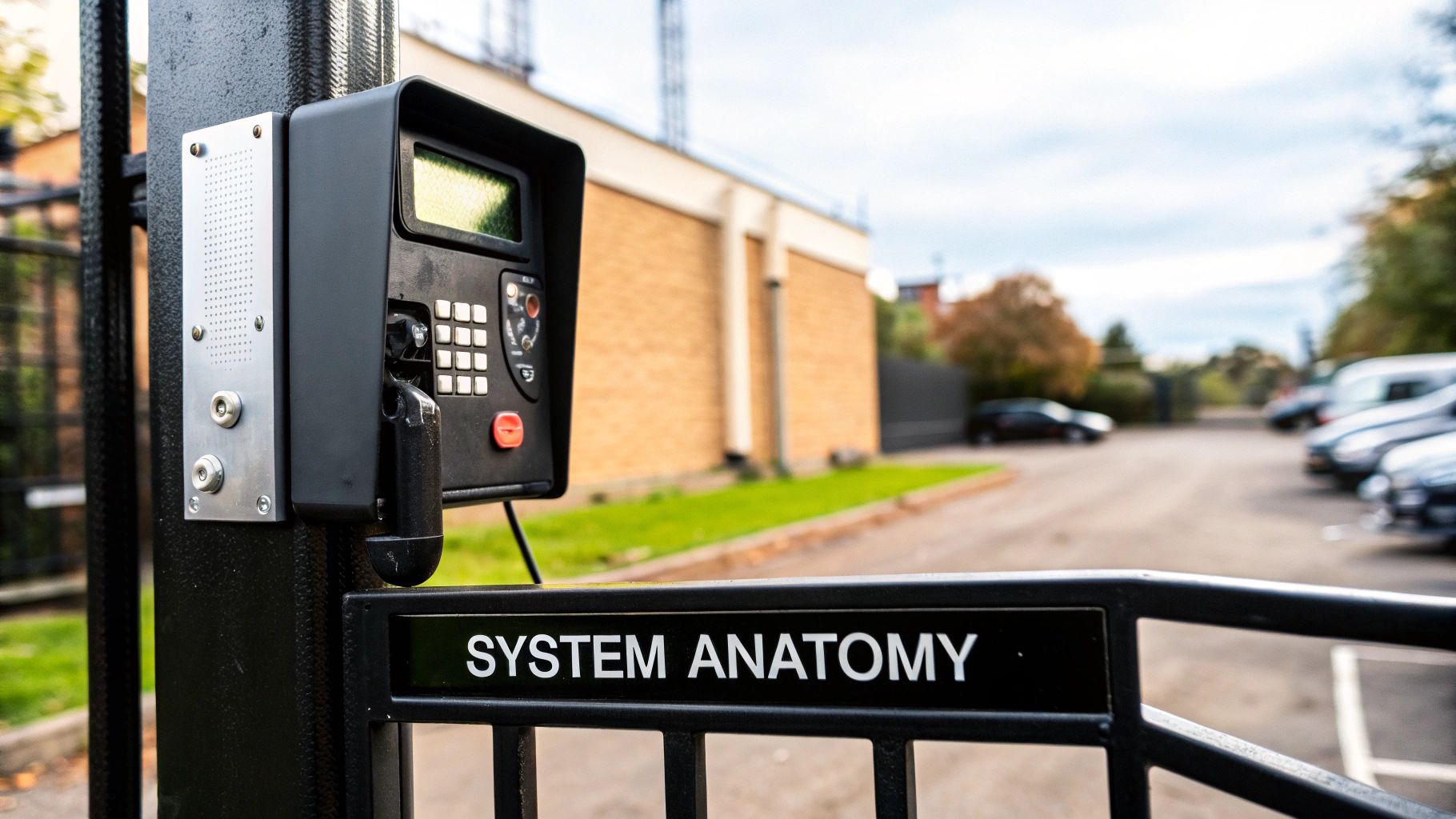 A modern gate with a keypad access system at the entrance of a property