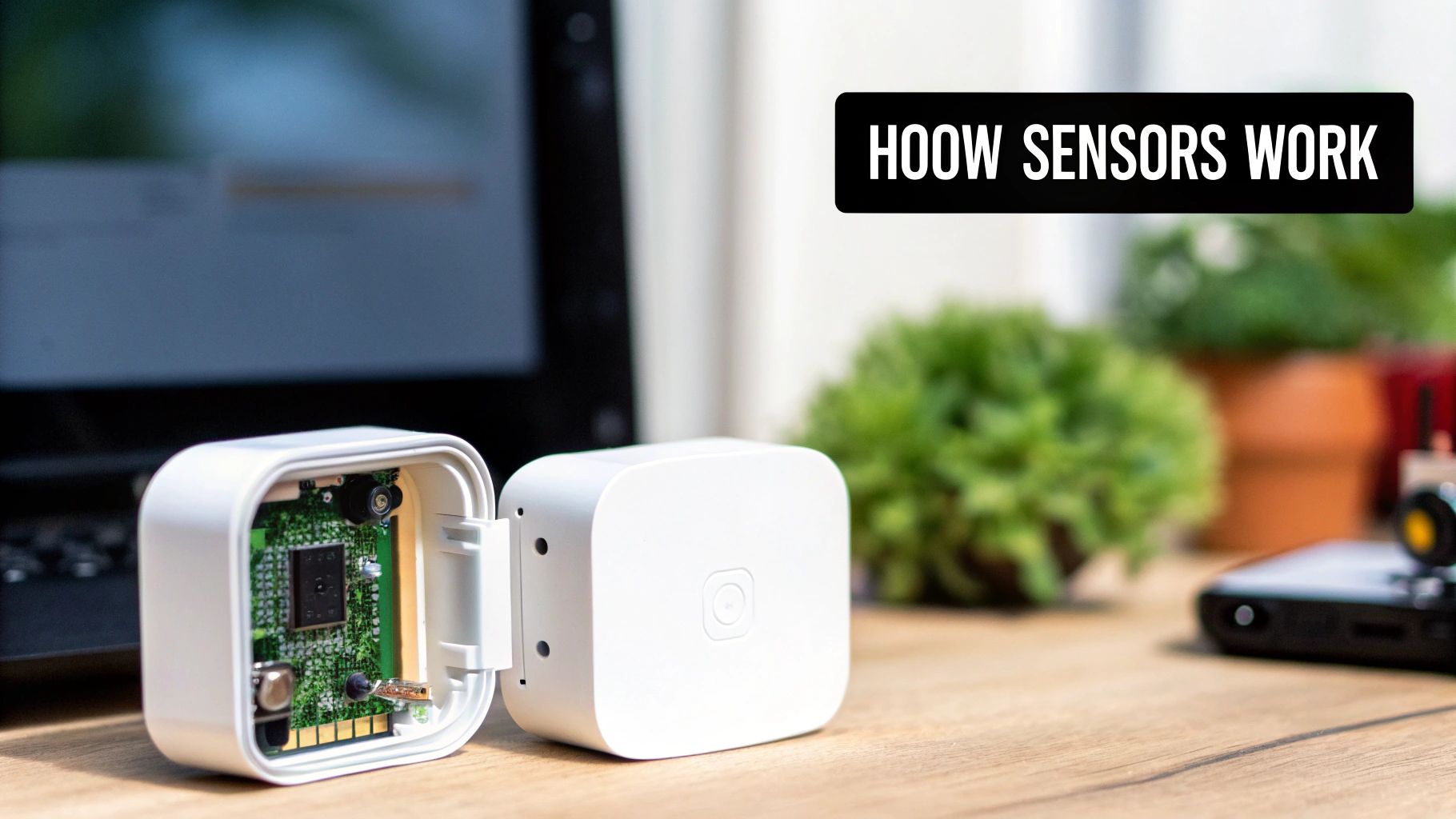 A modern living room with smart home sensor icons overlaid, showing connectivity and interaction.