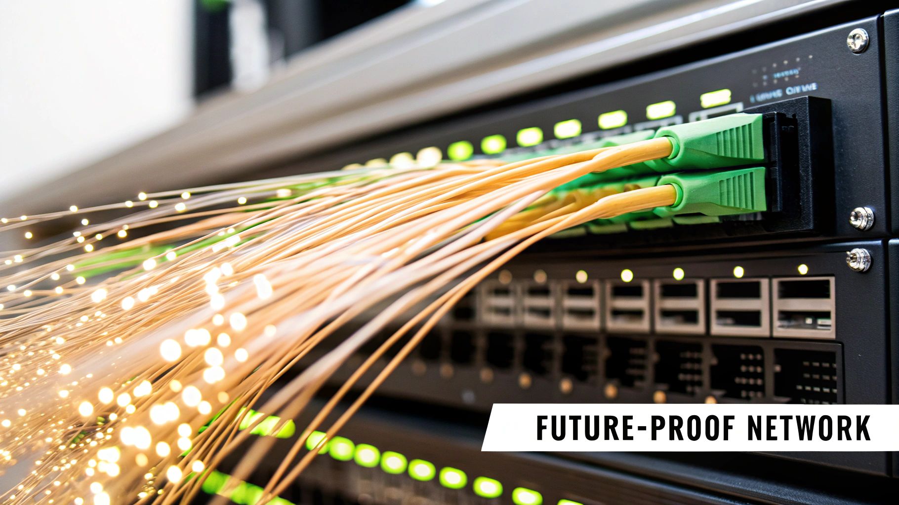 Glowing fiber optic cables plugged into a network switch, symbolizing a future-proof network.