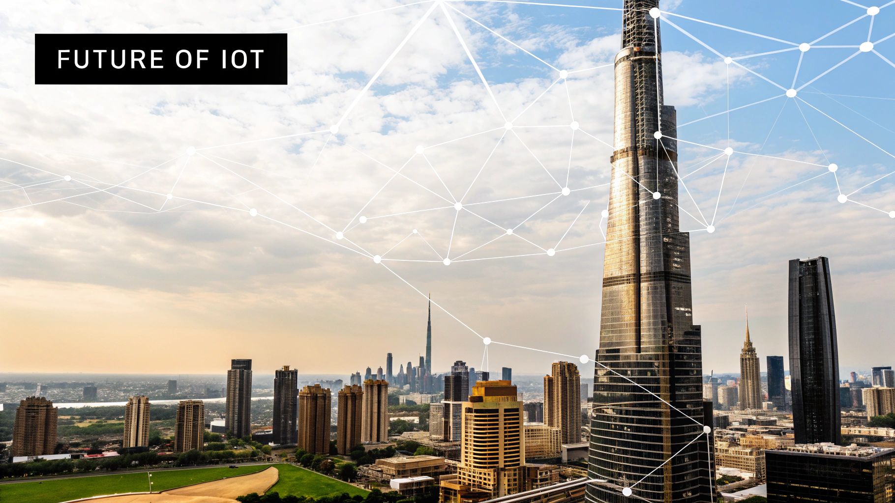 Futuristic cityscape with glowing data lines connecting intelligent buildings