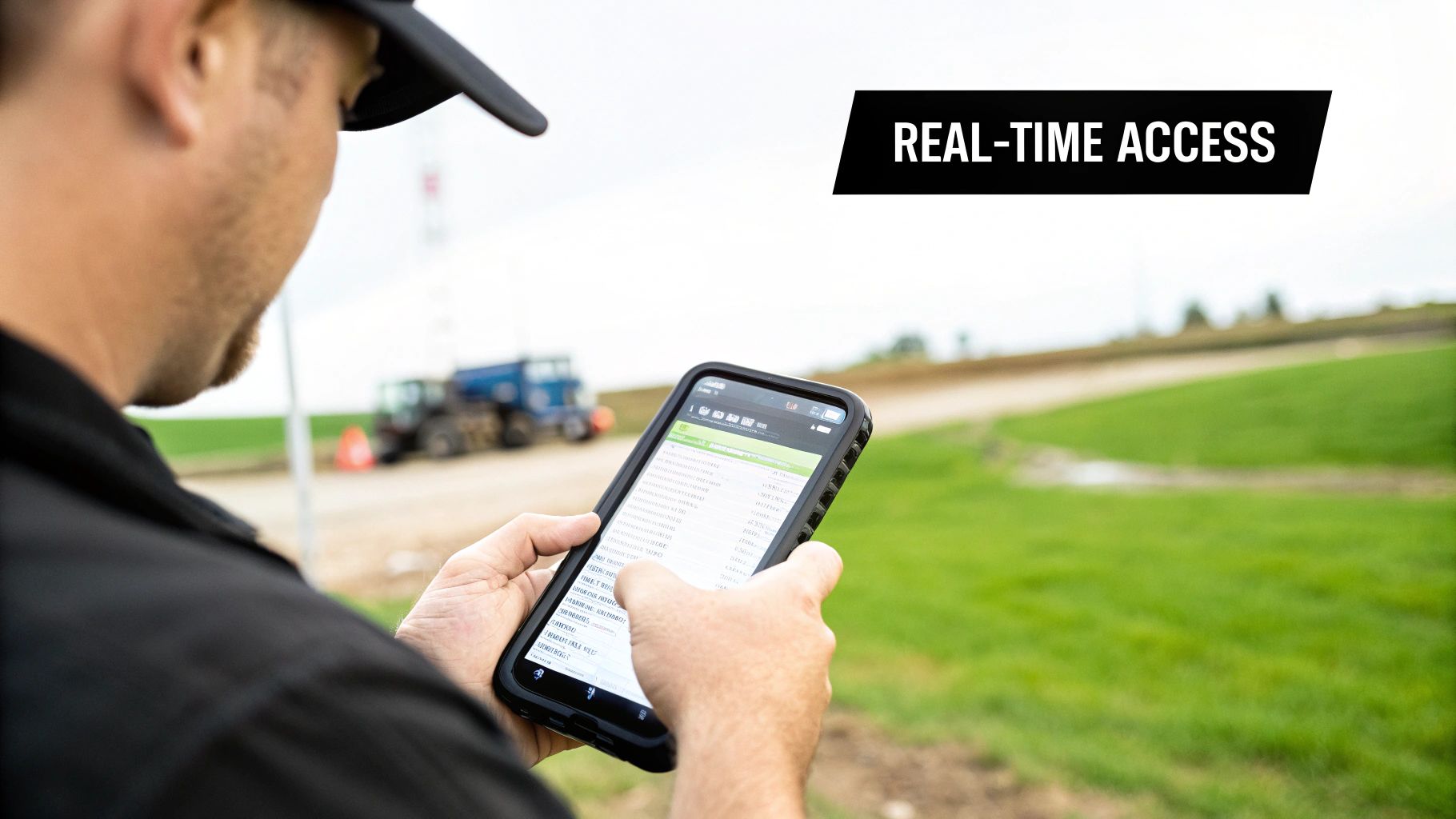 A maintenance professional using a work order app on their smartphone in front of industrial equipment.