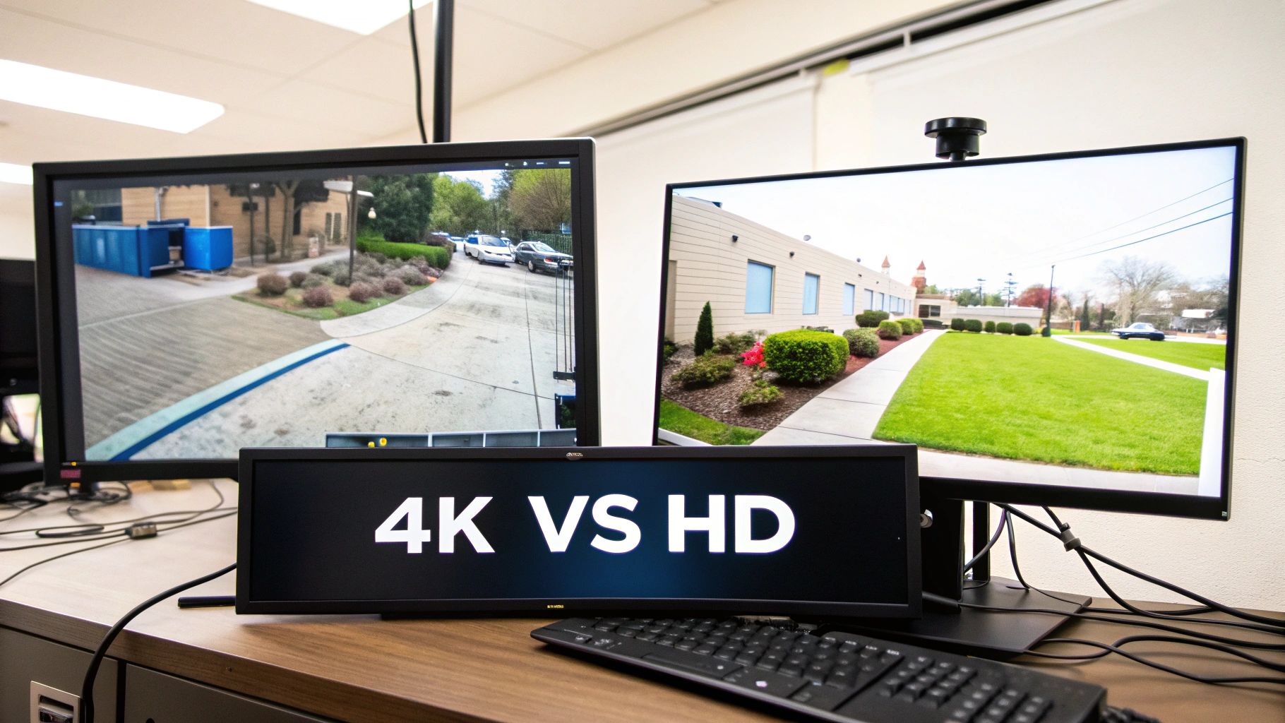 Three monitors display security camera footage, comparing 4K versus HD resolutions, on a modern desk.