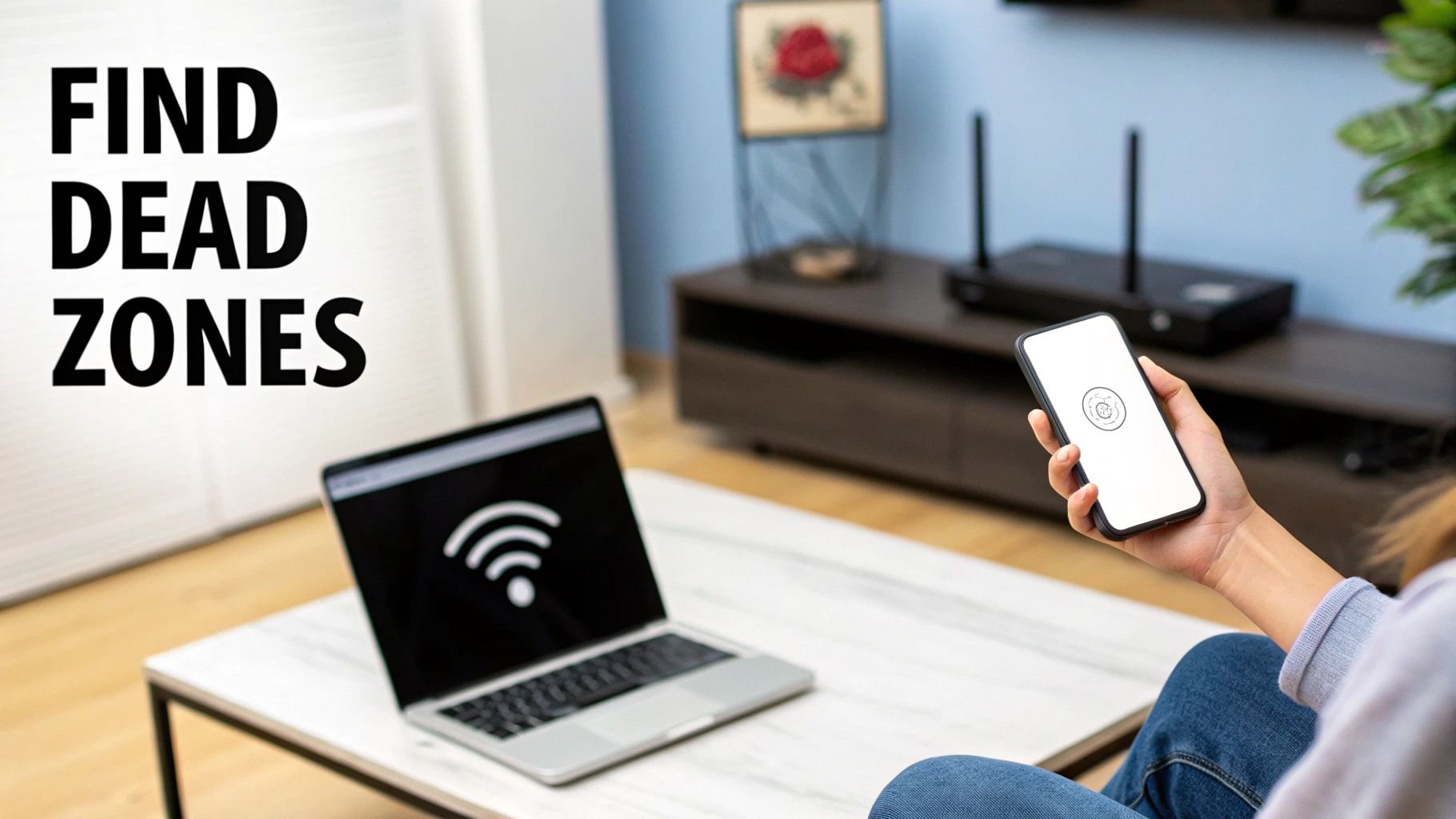 A person analyzing a Wi-fF signal map of their home on a tablet.