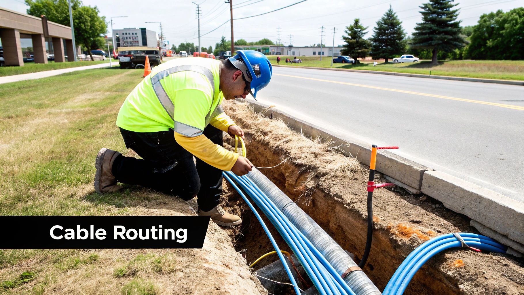 A technician pulling fiber optic cable through a ceiling conduit.
