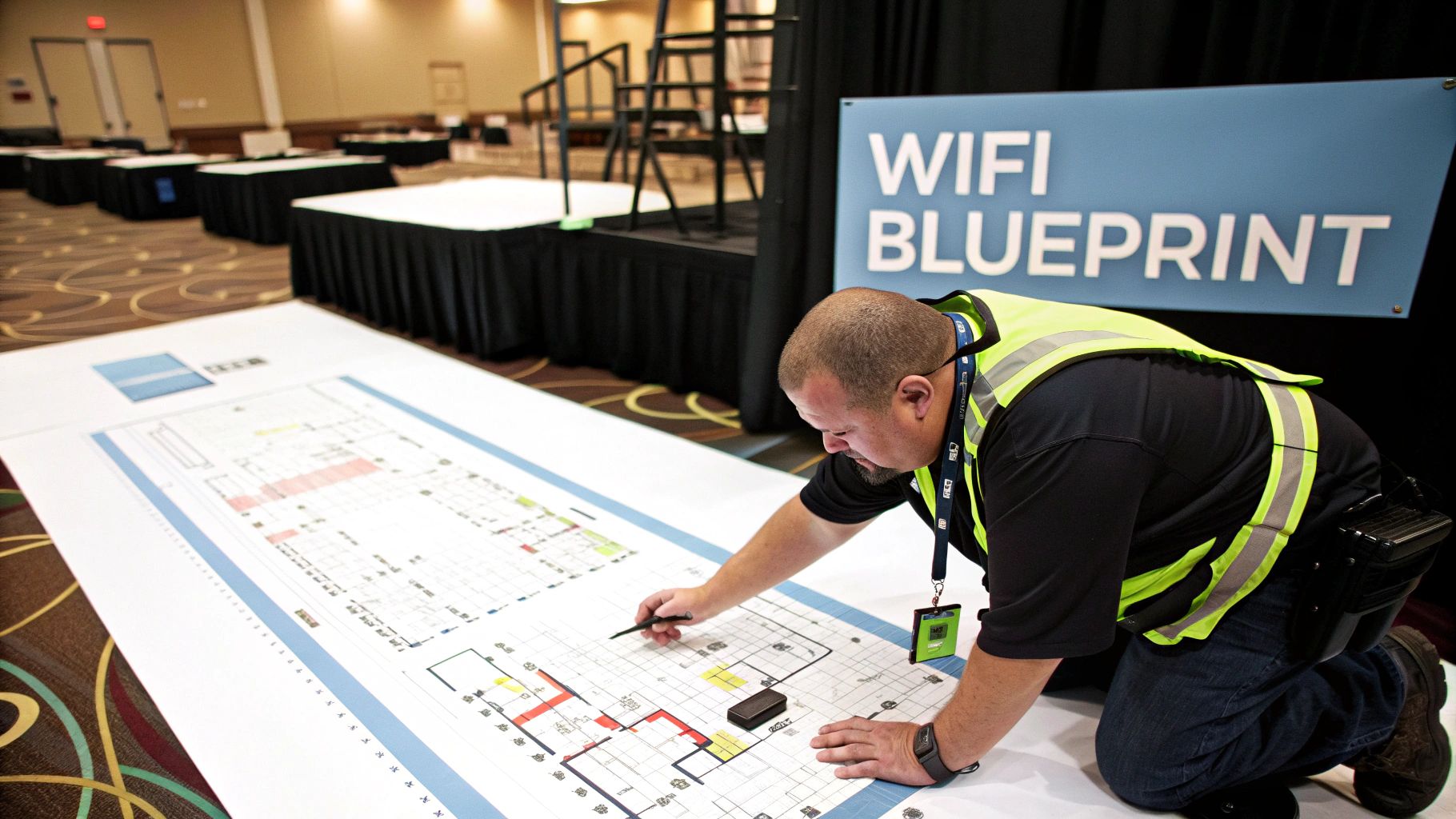 People in a conference setting on their laptops and phones, indicating the need for a solid Wi--Fi plan.