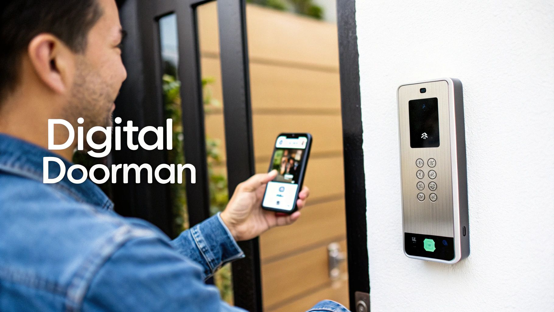 A modern door buzzer entry system installed on a brick wall next to a building's entrance
