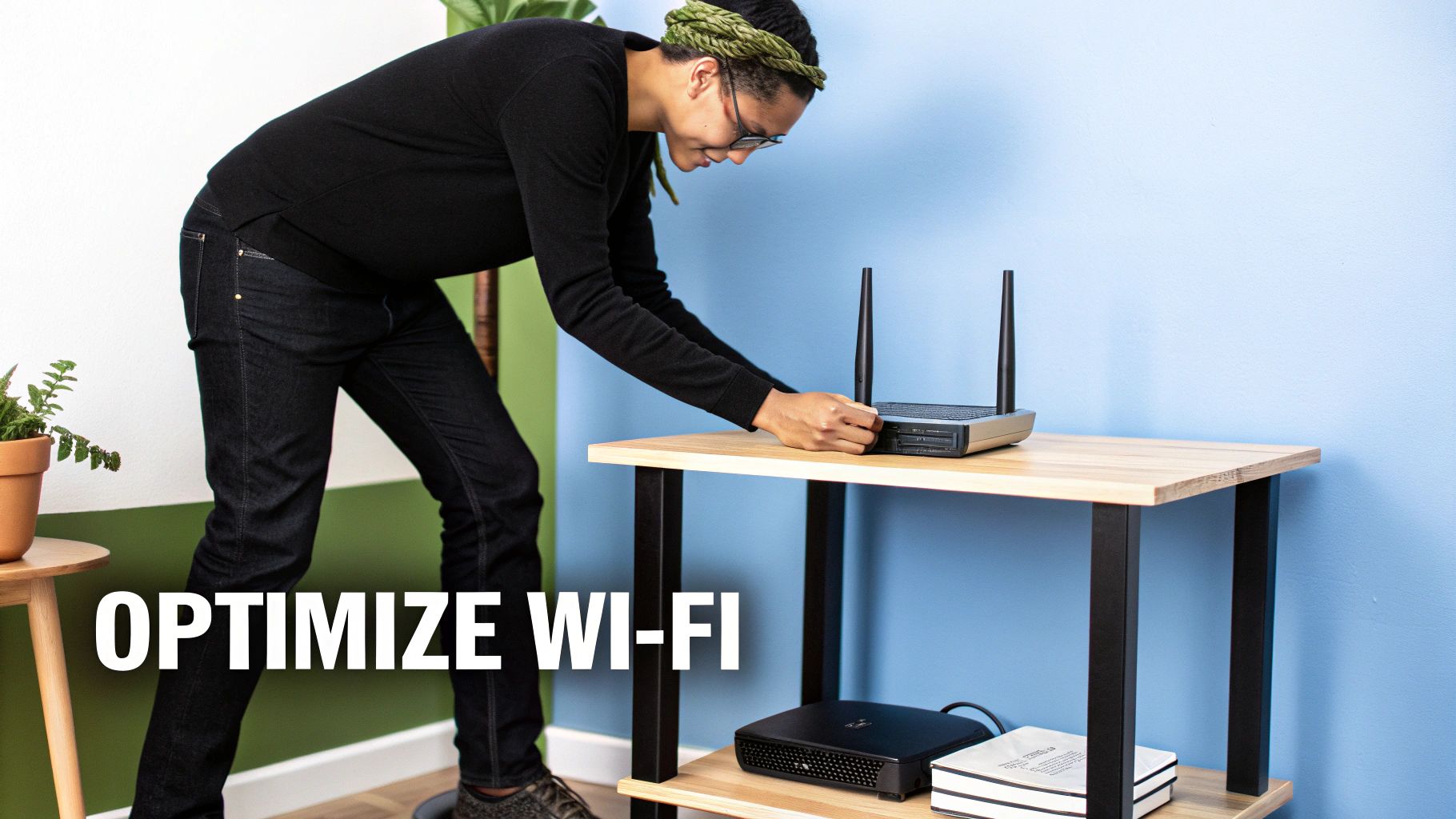 A modern Wi-Fi router placed on a bookshelf in a well-lit apartment living room, with signal waves emanating from it.