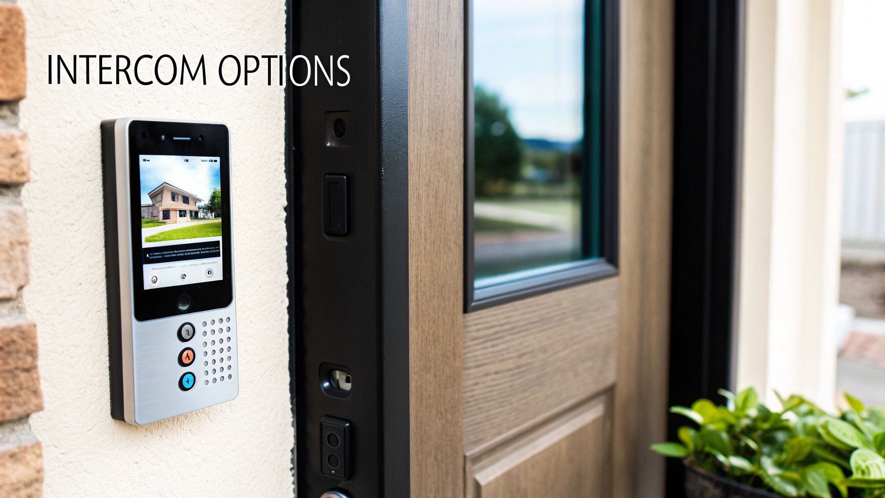 A modern building intercom system with a sleek video screen installed on a brick wall.
