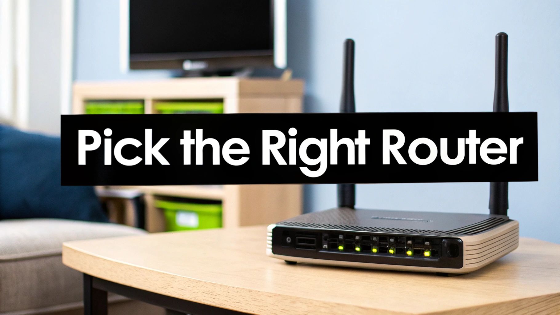 A person is centrally placing a modern WiFi router on a bookshelf in their apartment living room.