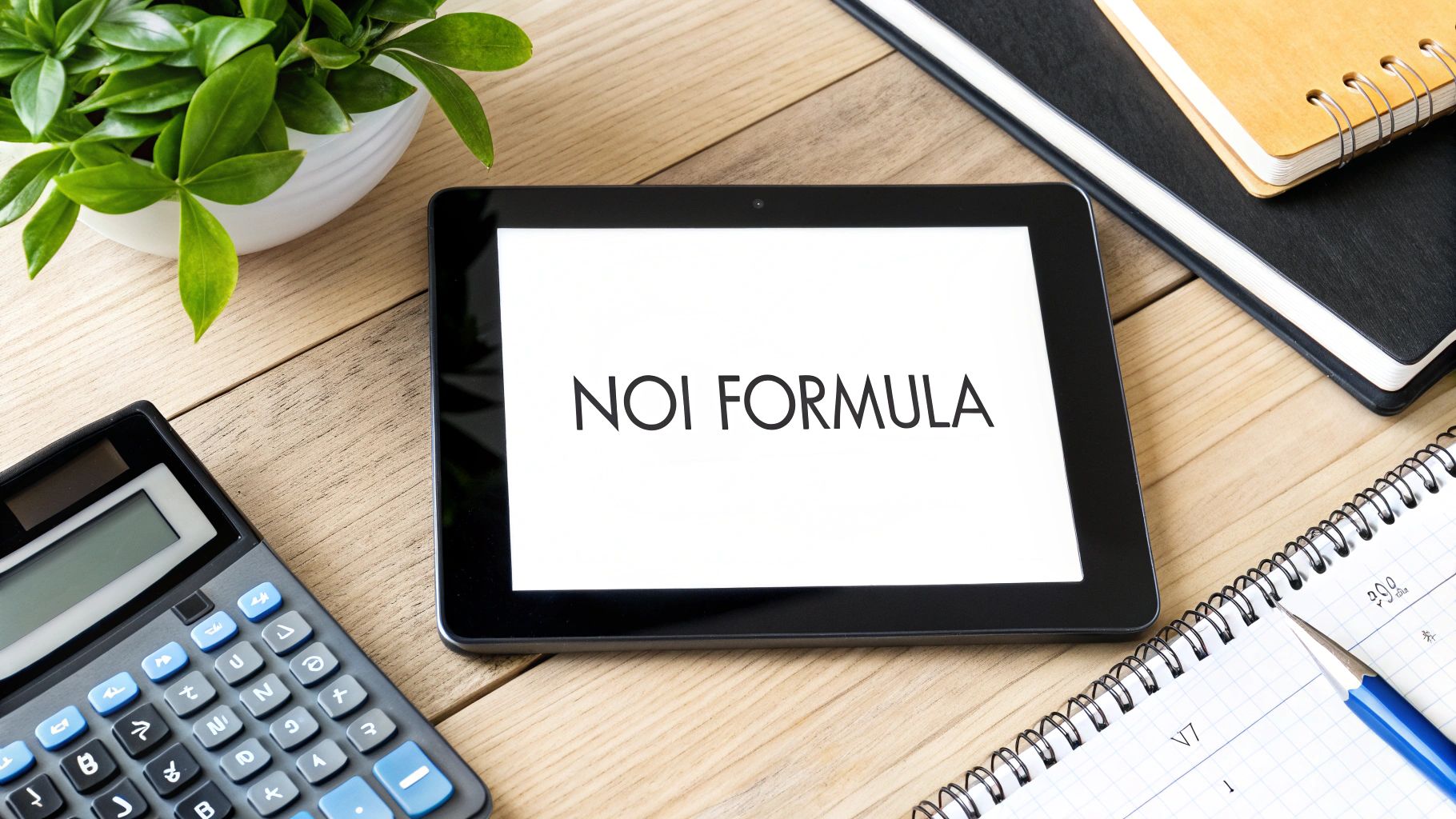 A tablet displaying 'NOI FORMULA' on a wooden desk with a calculator, plant, and notebooks.