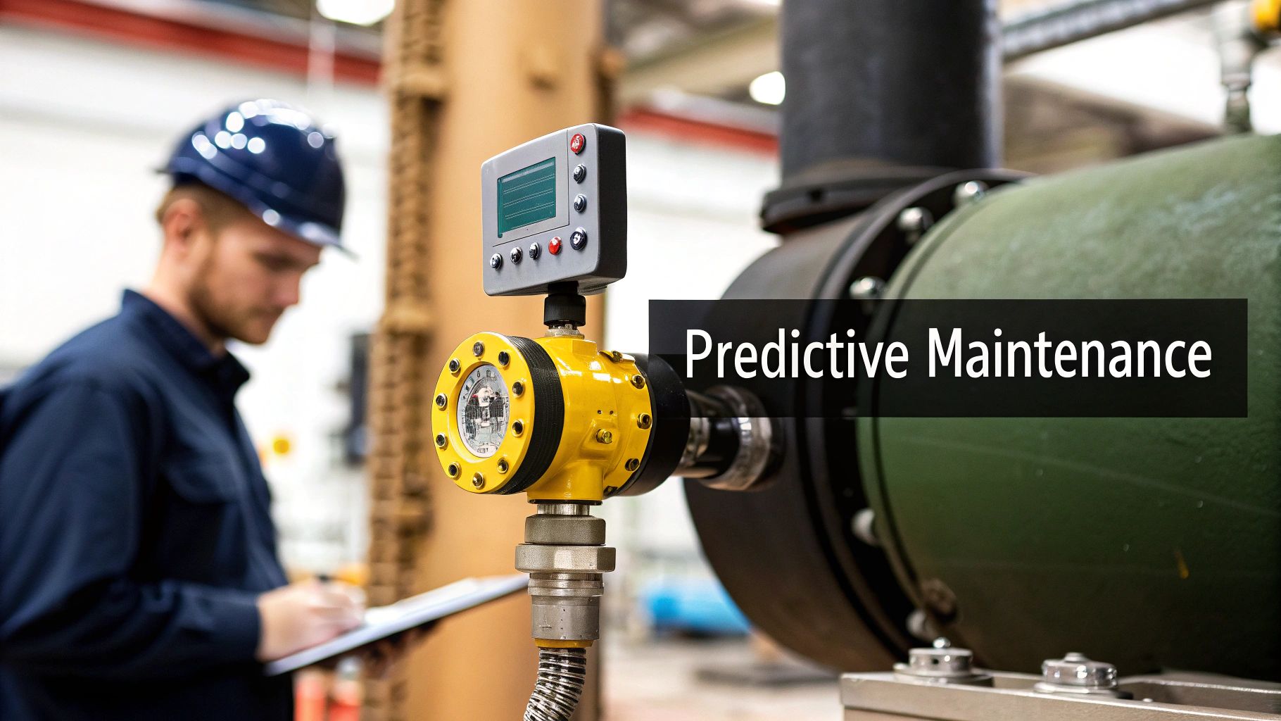 A worker inspects a yellow industrial sensor on a large green pipe, displaying 'Predictive Maintenance'.