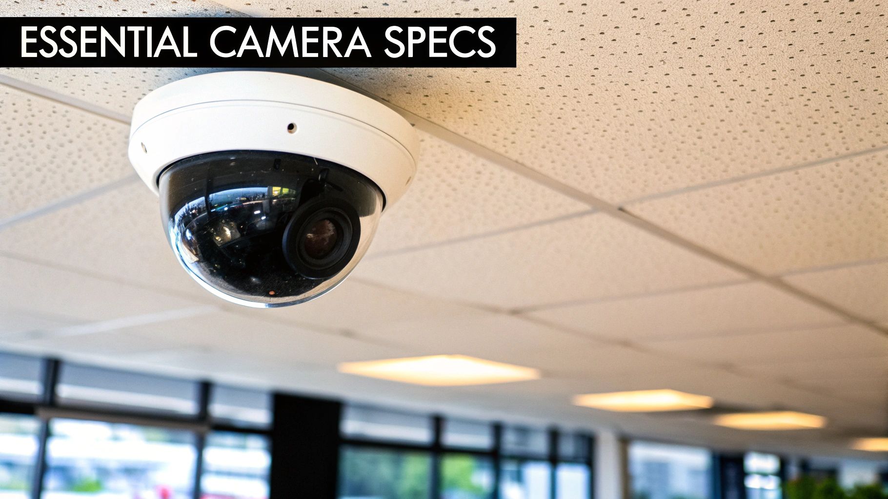 A close-up shot of a modern security camera lens with a blurred business interior in the background.