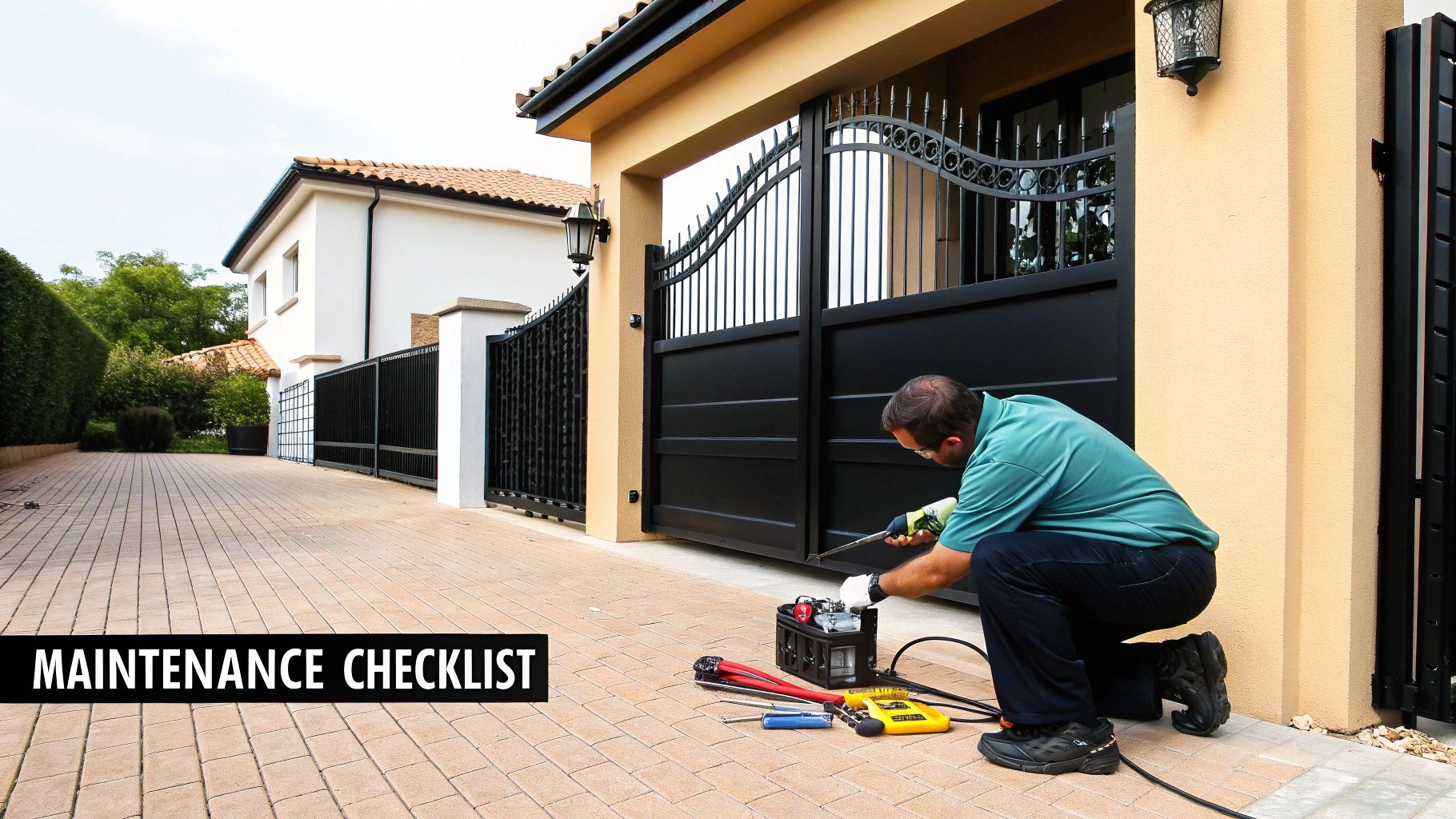 A technician performing maintenance on an automatic gate opener motor.