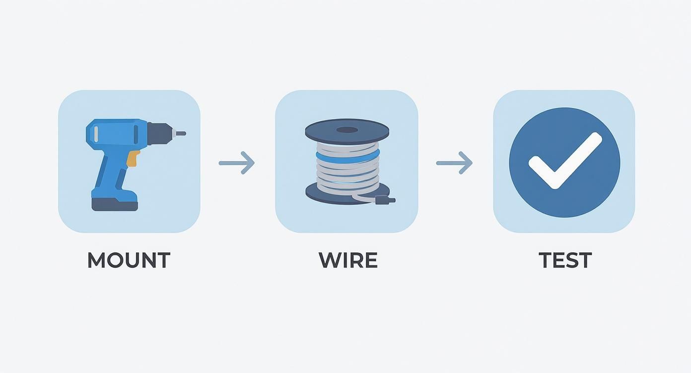 A three-step process diagram showing mounting with a drill, wiring with a cable reel, and testing with a checkmark.