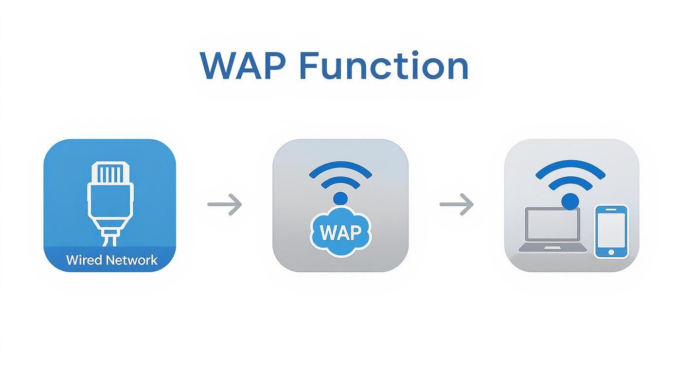 Diagram showing WAP function connecting wired network to wireless devices through wireless access point