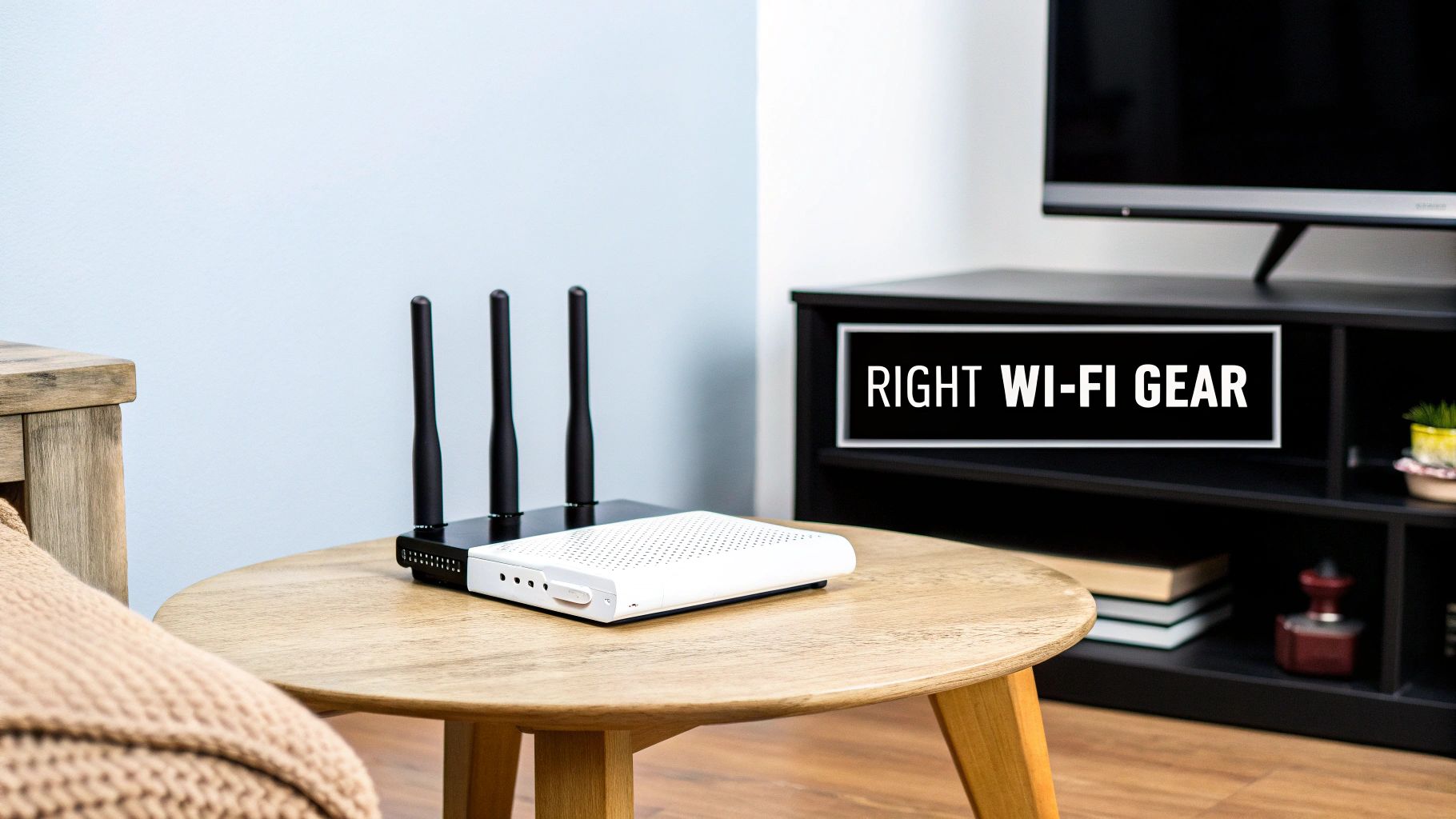 Modern WiFi router with three antennas on wooden table beside entertainment center in apartment