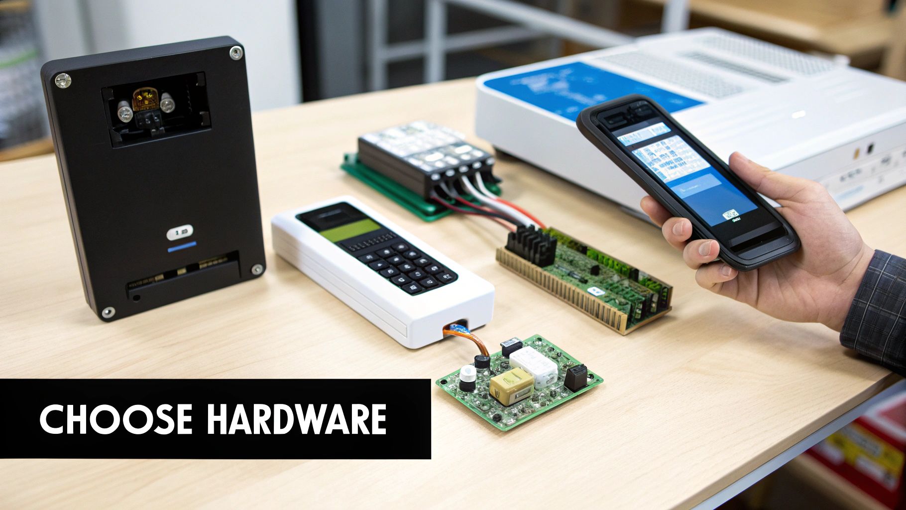 A person selects electronic hardware components, circuit boards, and uses a smartphone for system installation.