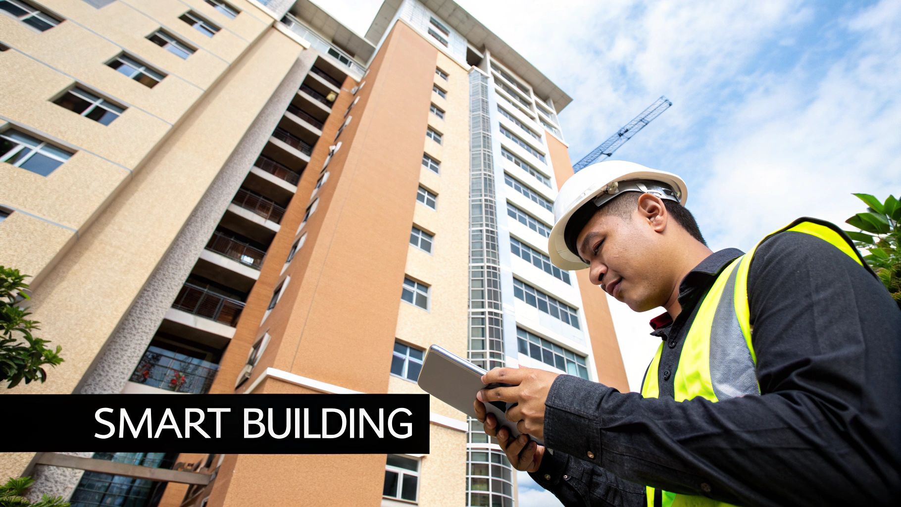 A property manager analyzing ROI on a tablet with building schematics in the background.