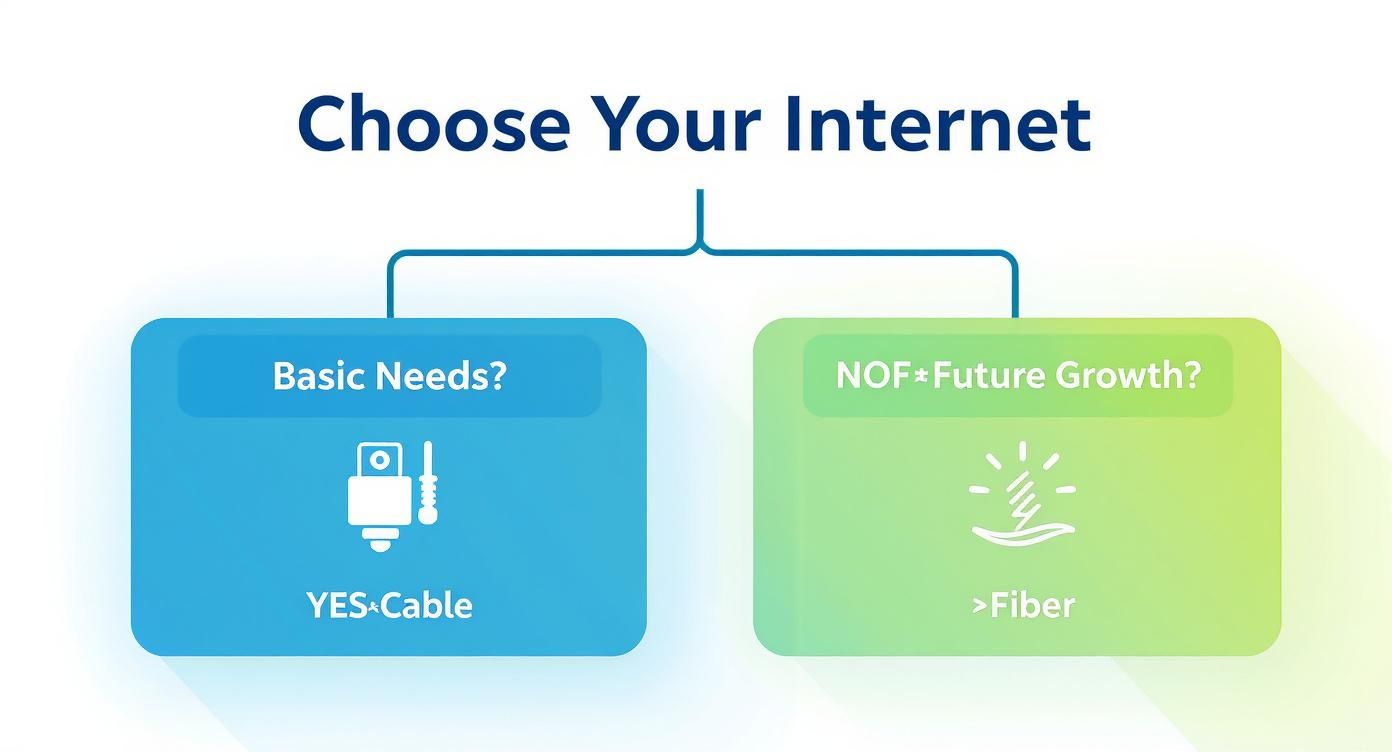 A diagram comparing internet options: 'Basic Needs? YES*Cable' with a modem icon and 'NOF*Future Growth? >Fiber' with a fiber optic icon.