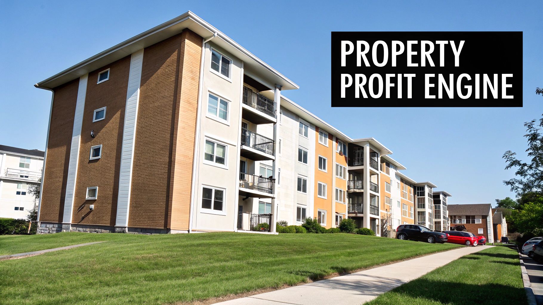 A multi-story apartment building with brick and stucco facades, green lawn, and a 'PROPERTY PROFIT ENGINE' overlay.
