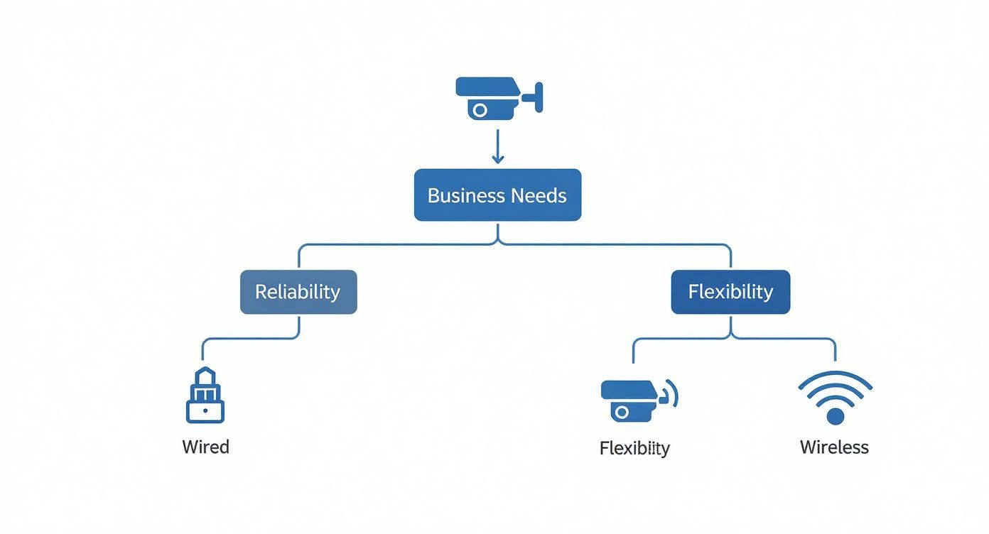 An infographic decision tree showing business needs branching into reliability (wired systems) or flexibility (wireless systems).