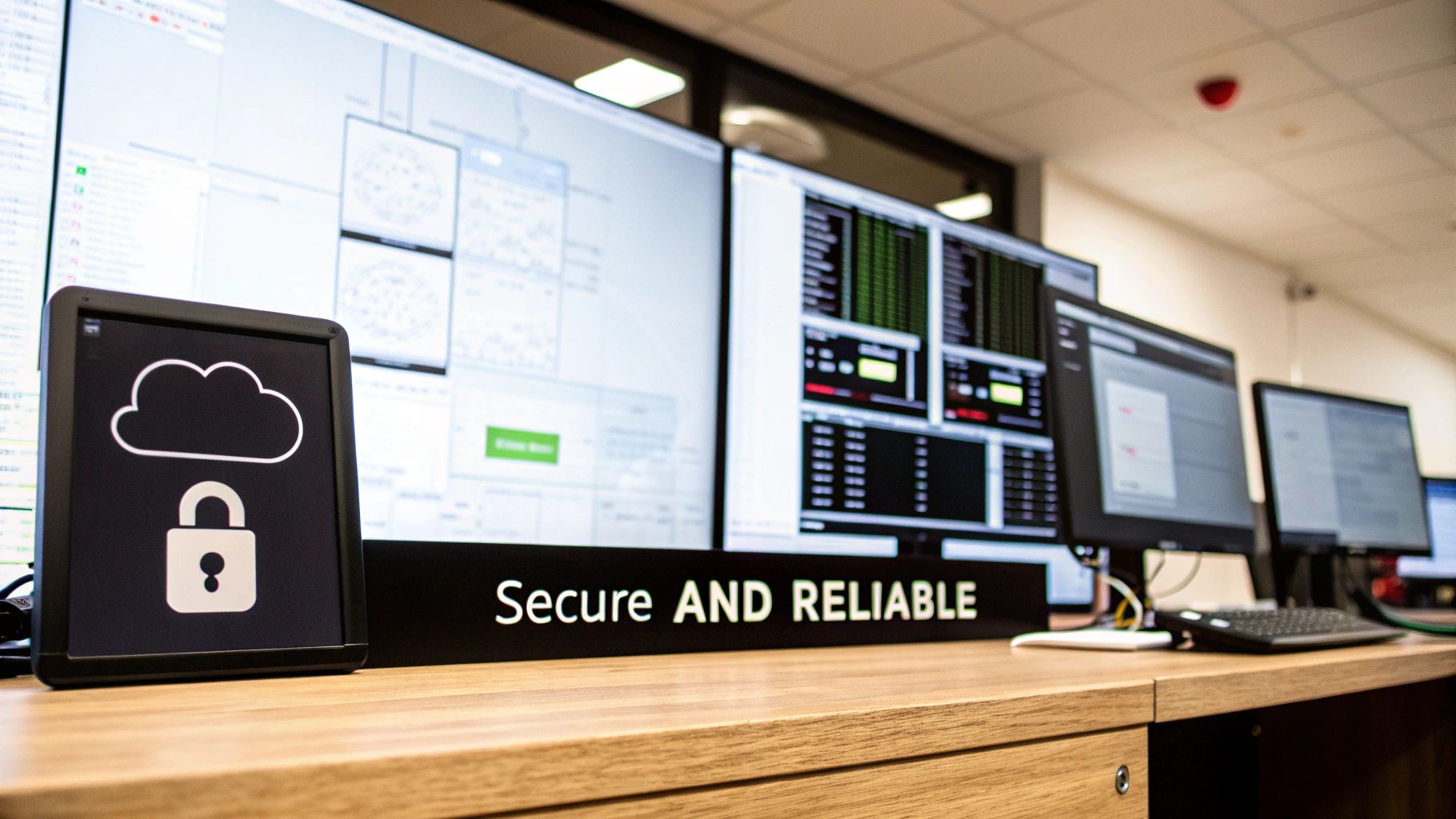 A control room with multiple monitors displaying data, a cloud security icon, and a 'Secure AND RELIABLE' sign.