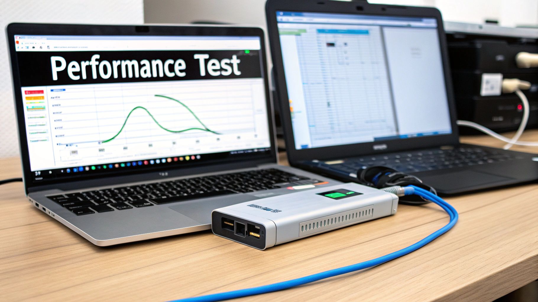 Two laptops and a network cable tester on a wooden desk, showing performance data.