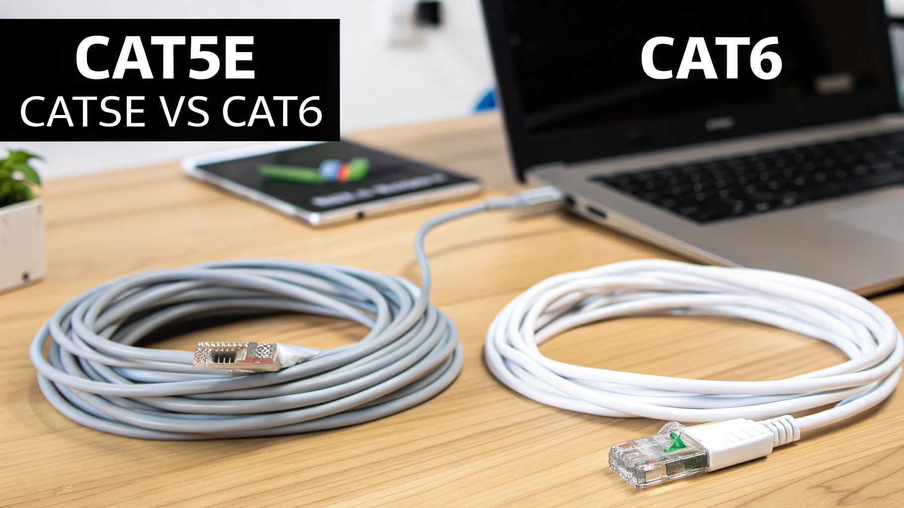Two coiled Ethernet cables, CAT5e (grey) and CAT6 (white), on a wooden table, one connected to a laptop.