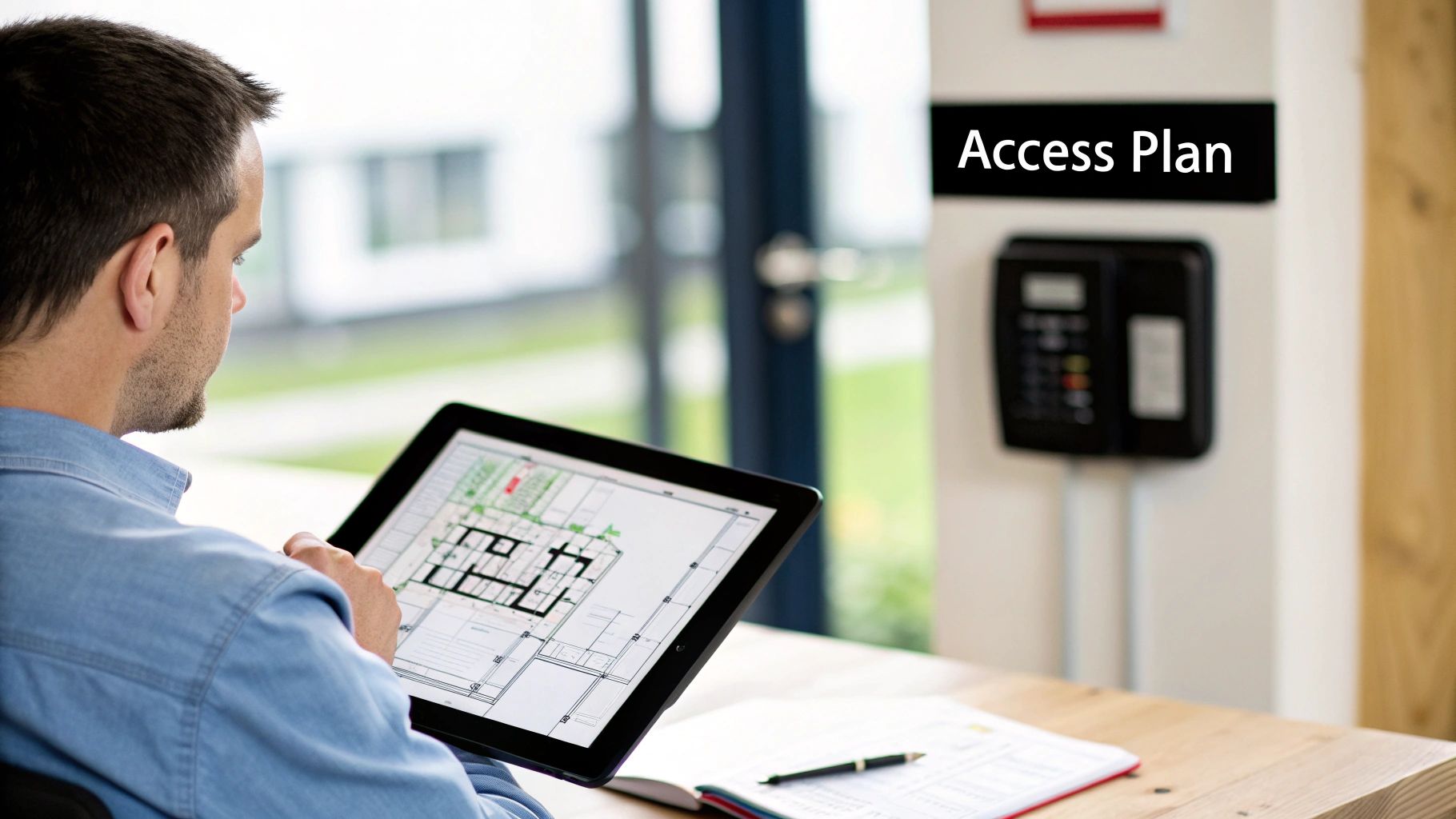 Man reviewing a floor plan on a tablet near an access control system on the wall.