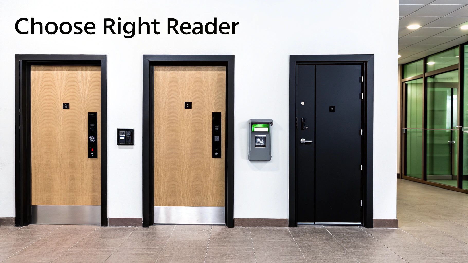Three modern doors with different card reader systems installed for secure access control