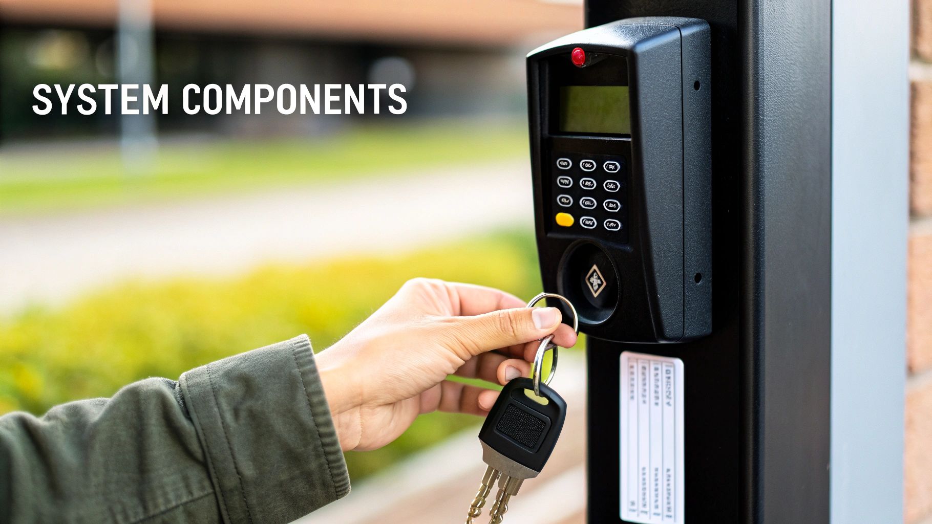 Man using a key fob on an apartment access control reader
