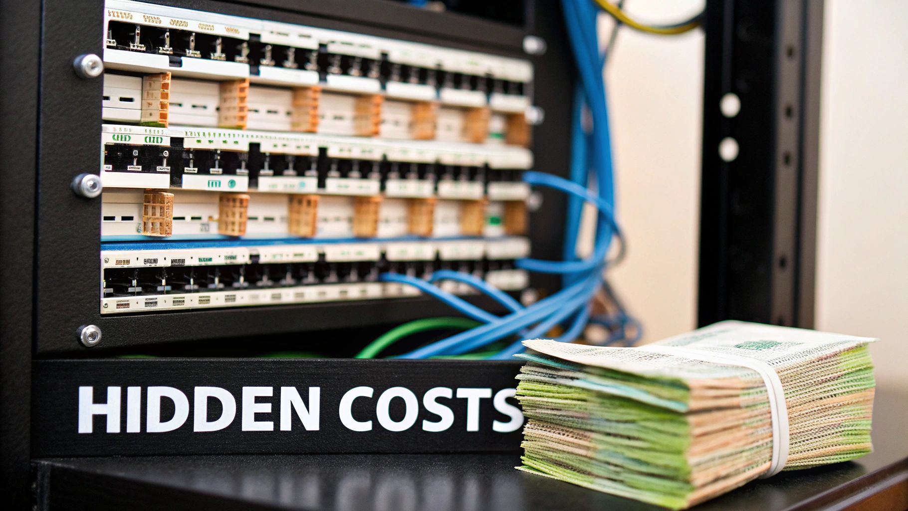 A close-up of a patch panel with multiple blue network cables plugged in, showing the organized complexity of a professional installation.
