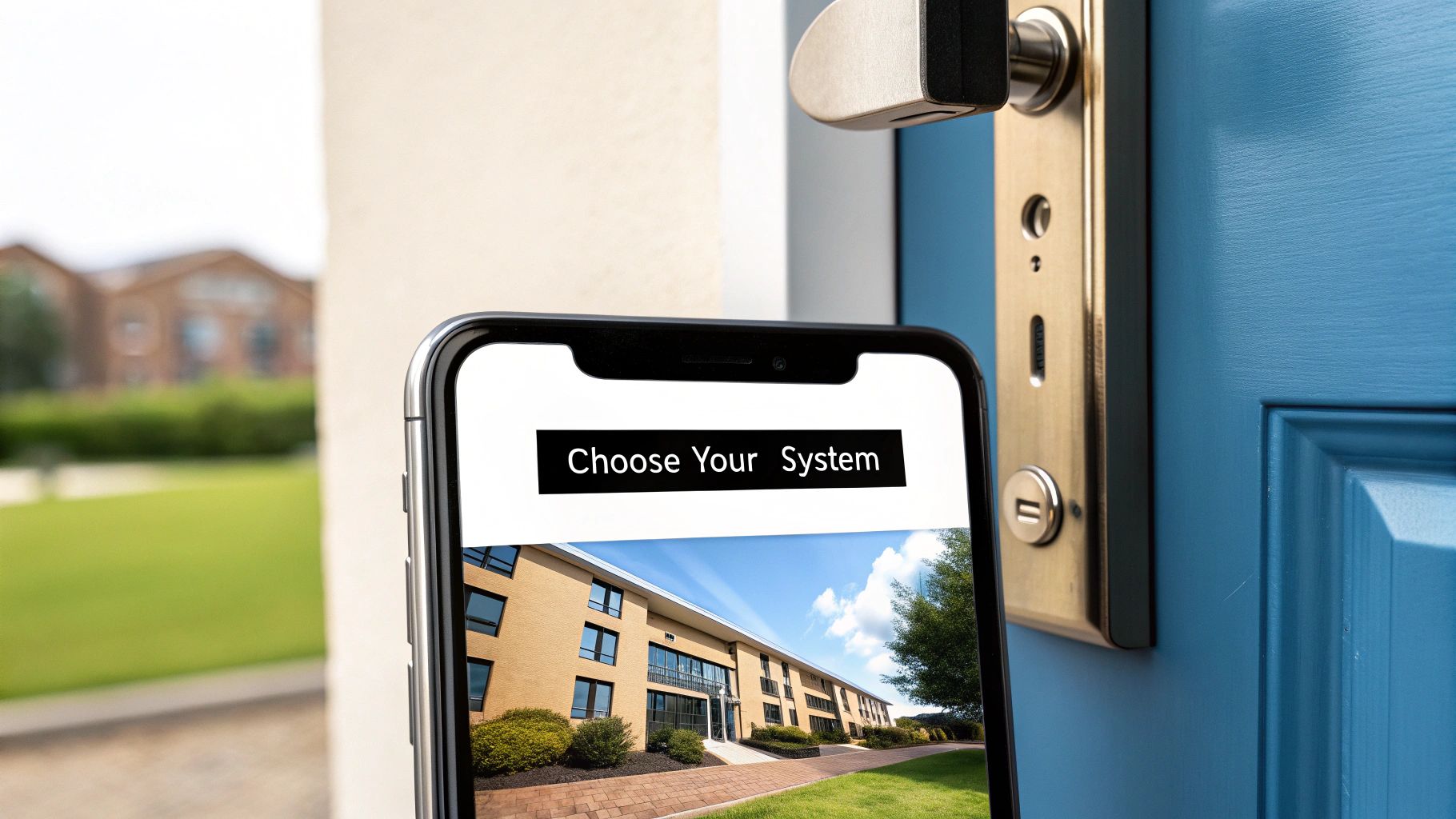 Woman using her smartphone for mobile access control on an apartment door.